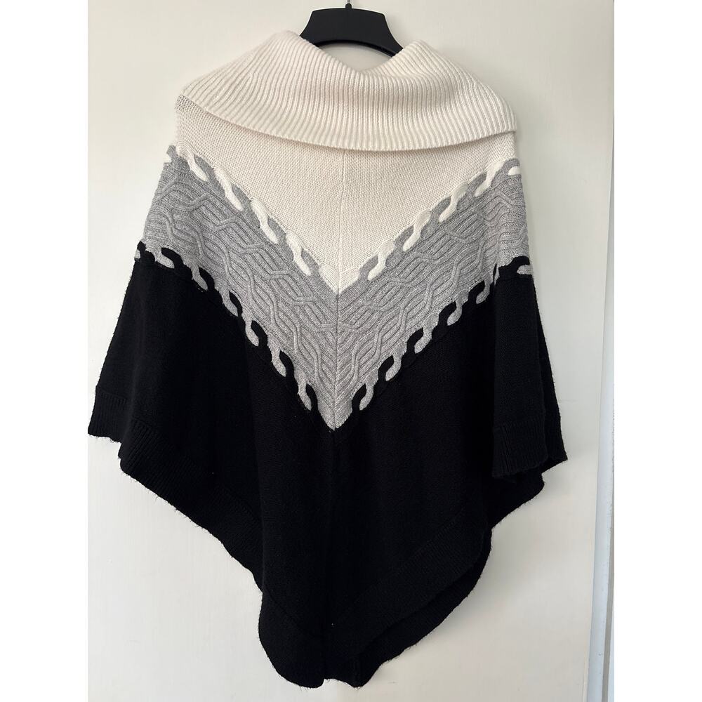 Talbots  Cream Gray Black Cable Knit V- Stripe Cowl Neck Poncho Medium - Picture 6 of 6